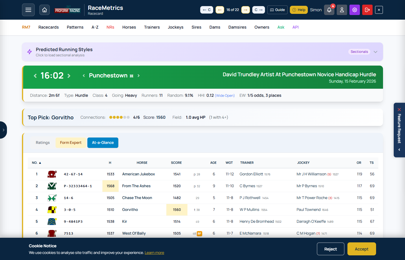 At-a-Glance compact racecard view showing form, ratings, and key runner info