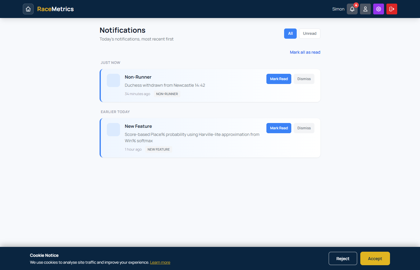 Notifications page showing various notification types
