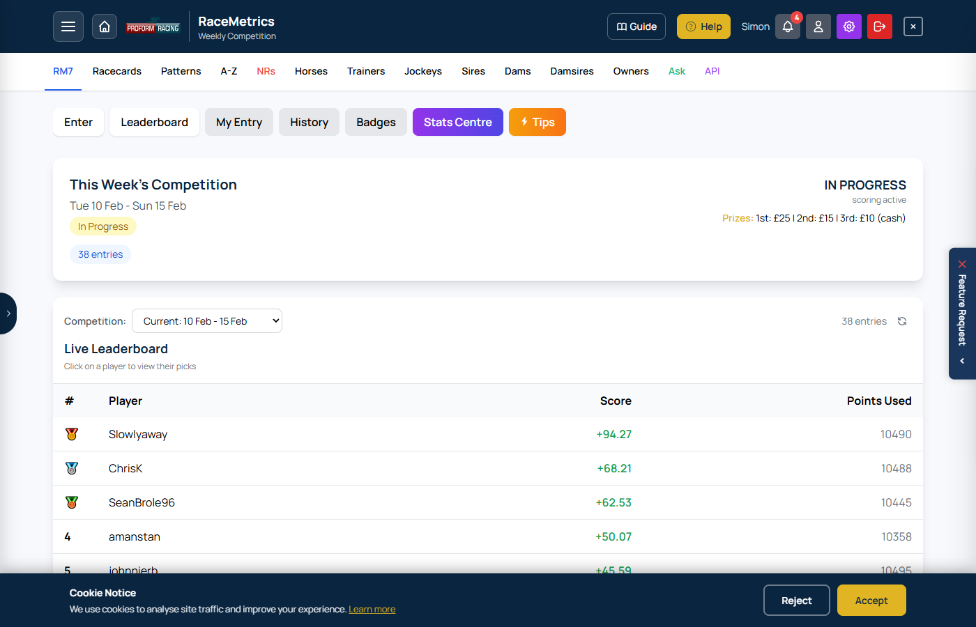 RM7 Competition leaderboard showing weekly rankings and scores