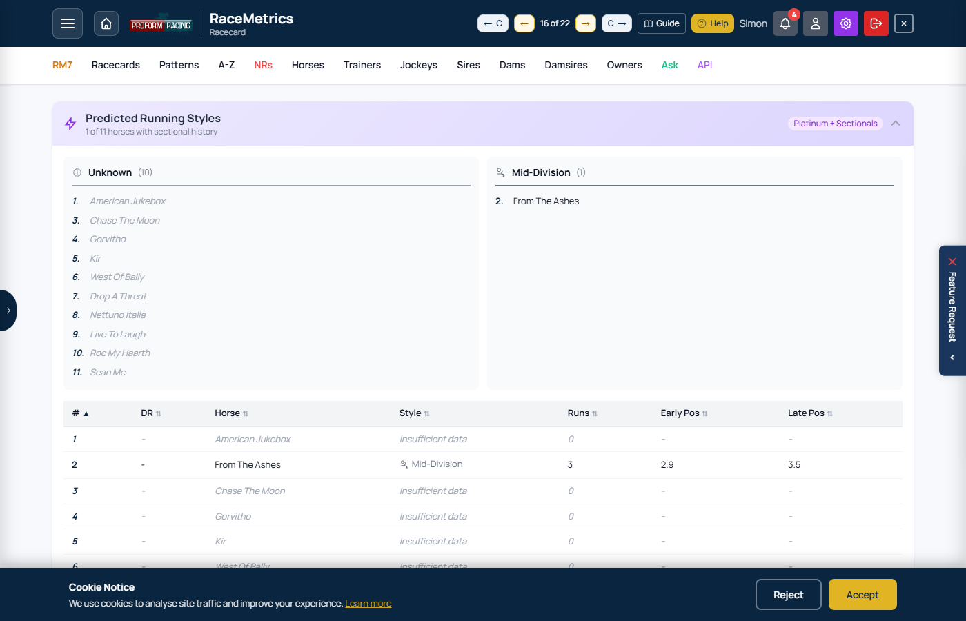 Sectionals showing Predicted Running Styles panel on a racecard